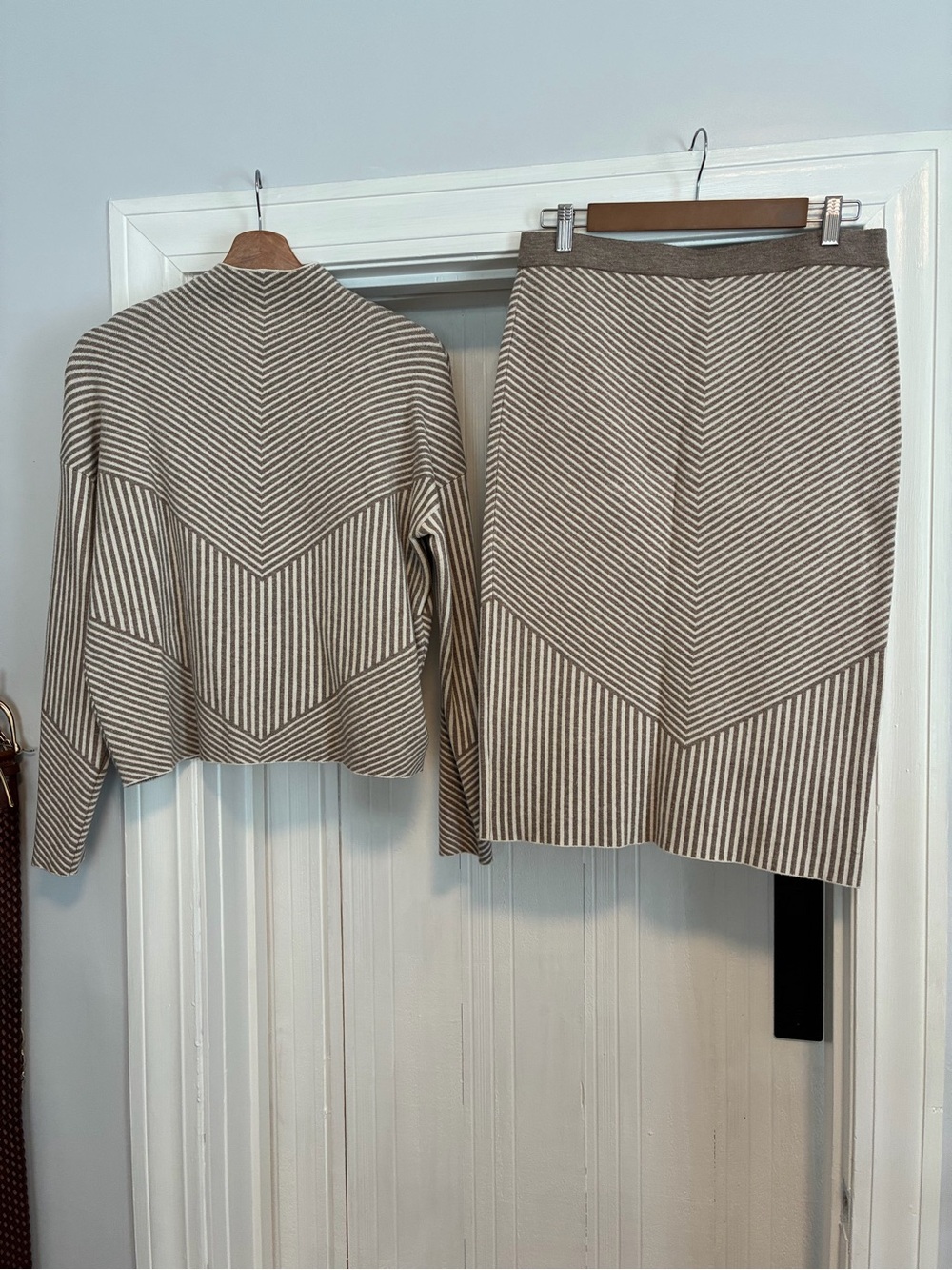 Tahari Beige and Cream Striped Knit Skirt Set